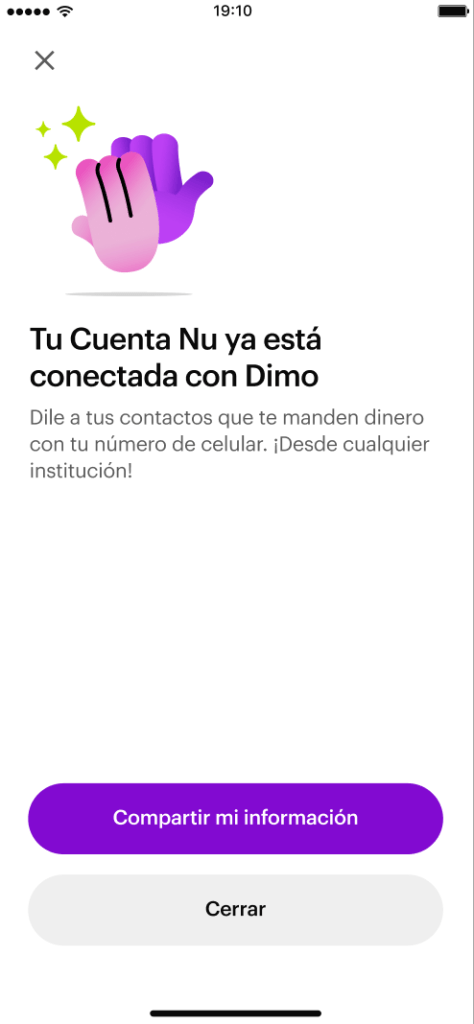 Impresión de la pantalla de la aplicación Nubank que indica que la cuenta está conectada con Dimo.